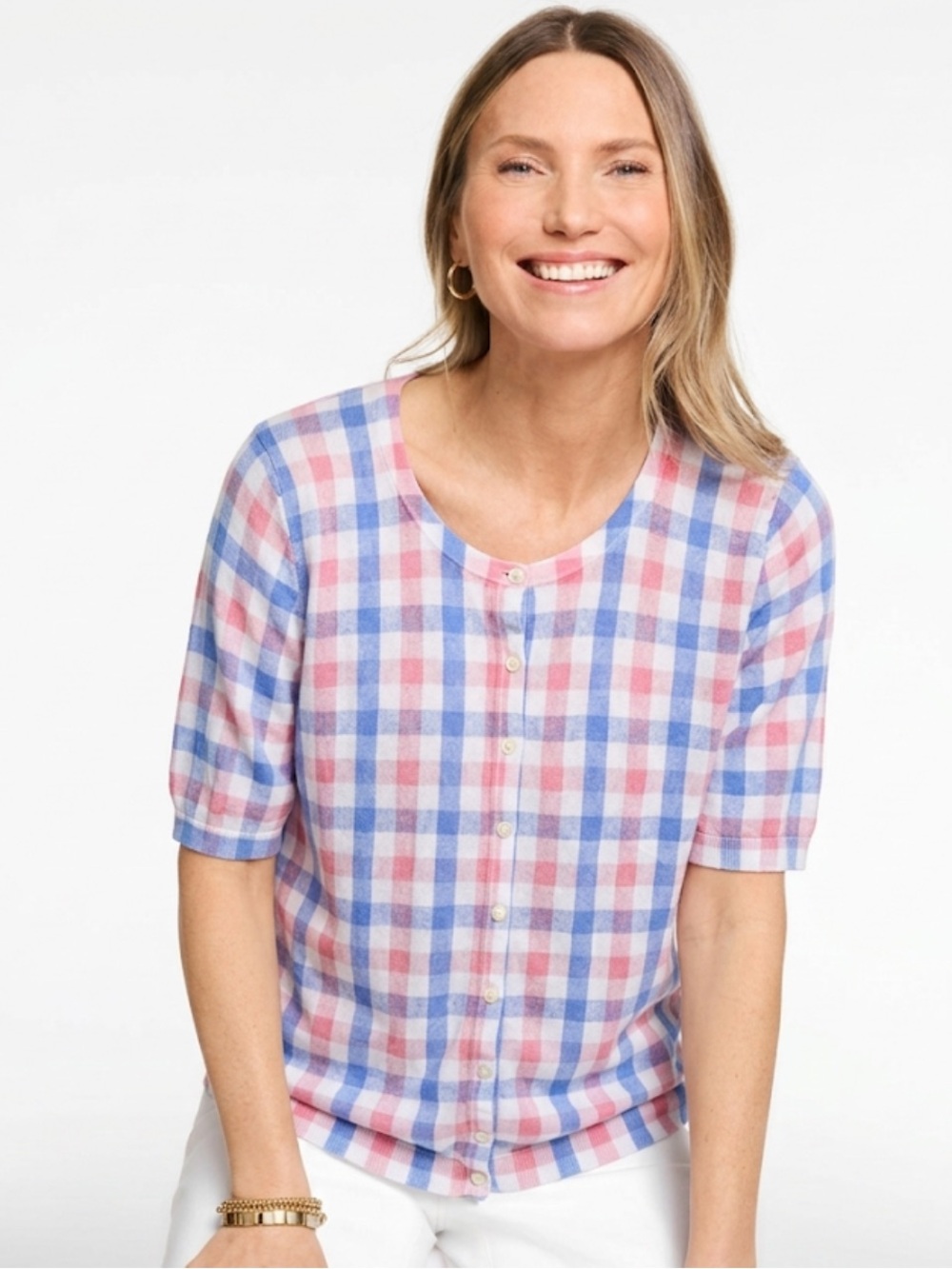 Talbots size L Pink and Blue gingham Plaid short sleeve cardigan sweater